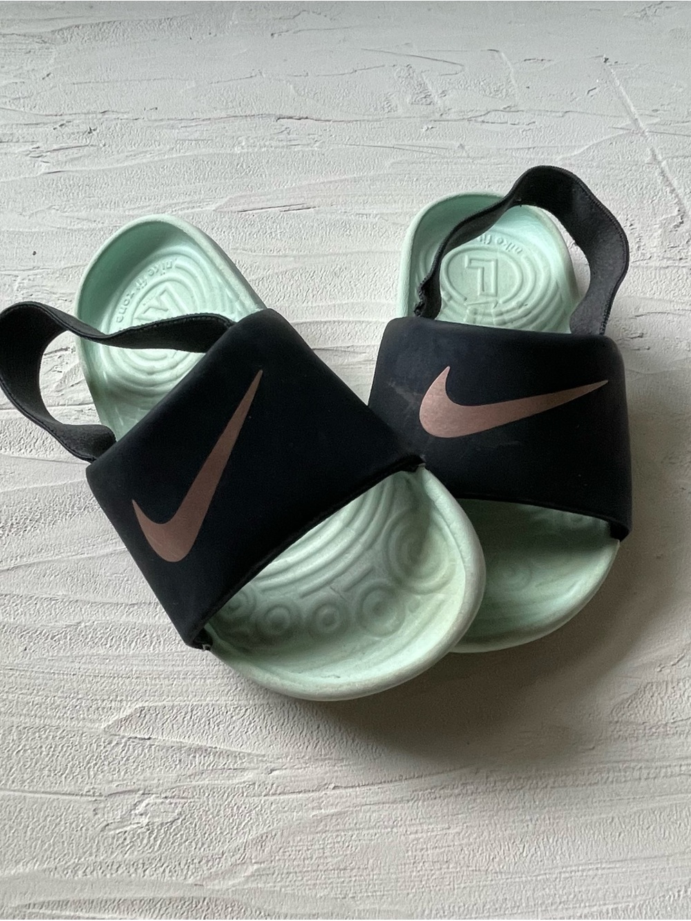 Nike Kids Black Slides with Mint Footbed and Rose Swoosh